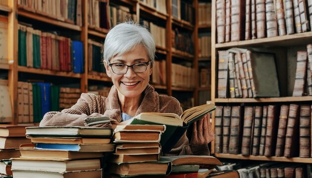 Joy of Learning: Older Woman Smiles Contentedly Amidst a Pile of Books