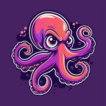 Vector esports logotype cute cartoon octopus on purple background, logo cute octopus, icon cute octopus, sticker cute octopus, symbol cute octopus, emblem cute octopus, hacker