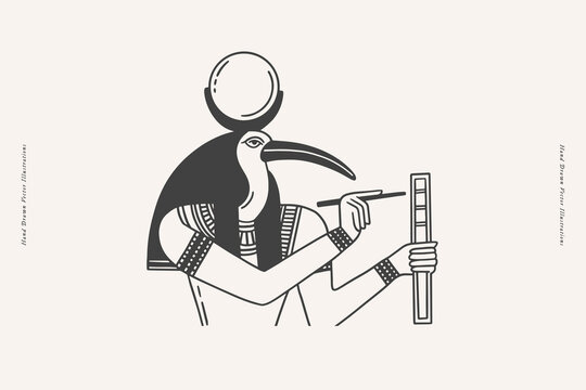 Ancient Egyptian god Thot. God of wisdom and creator of writing in Ancient Egypt. Deity with the head of an ibis bird. Mythical character of the ancient world, god of the moon.