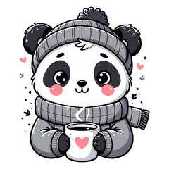 Cute cartoon panda in a grey sweater and a grey hat holds a cup of coffee in hands. Vector illustration. Isolated on white background. © Sirbon