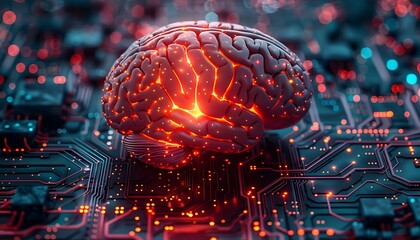 Human brain showing Intelligent thinking processing through the concept of a neural network printed circuit of big data and artificial intelligence