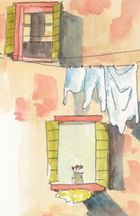 Watercolor windows with balcony, clothes - Italy outdoor hand drawn illustration sketch. Clothing dried.
