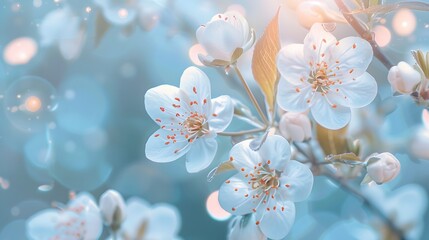 Spring blooming forest flowers in soft focus on light blue background outdoor close-up macro. Spring template floral background wallpaper. Elegant gentle air delicate artistic image. - obrazy, fototapety, plakaty