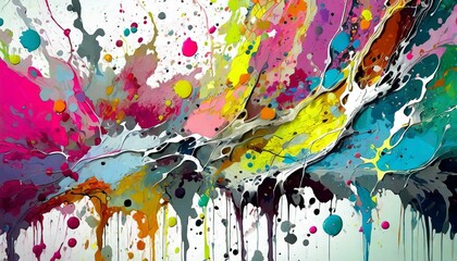 Abstract multicolored background with splashes of paint, paint drops, drips
