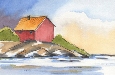 Watercolor red wooden barn house with yellow roof in mountains with rocks and stones, river - hand drawn illustration