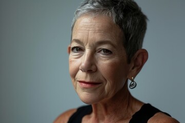 Portrait of a happy senior woman with grey hair on gray background