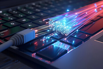 Fiber-optic cable, connection to a computer, fiber-optic technology, data transmission by light, Internet