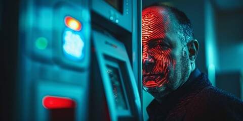 a male face in the shape of a fingerprint stands in front of an ATM