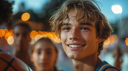 Teens dribble and shoot, their passion for basketball evident in every move. Sweat glistens under the court's lights, echoing cheers filling the air.
