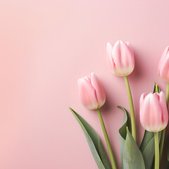 Fototapeta premium bouquet of pink tulips on rose background with empty space for text 