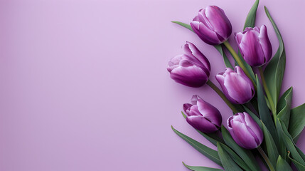 purple tulip flowers on side of pastel colored violet background with copy space