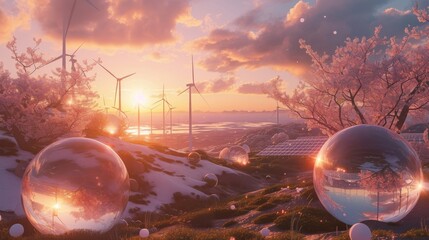 Utopian Eco-Future: Envisioning an Eco-Futurism Utopia with Renewable Energy Dreamscapes and Sustainable Living Environments, Achieving Harmony with Nature through Green Innovation - obrazy, fototapety, plakaty