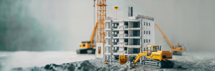 multifloor residential building housing project for under construction site and off plan real estate investment infrastructure progress, miniature section model style as wide banner with copyspace