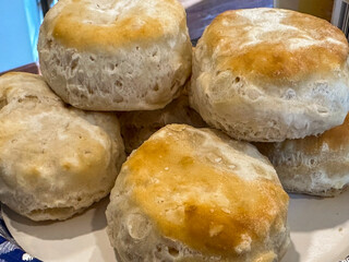 Baked southern style biscuits stacked and ready to eat