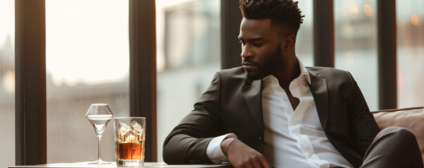 well dressed black man in luxury business suit sitting at a table at bar - obrazy, fototapety, plakaty