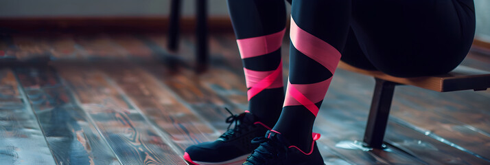 Shin Support with Pink Therapeutic Kinesiology Tapes on Athlete Legs - obrazy, fototapety, plakaty