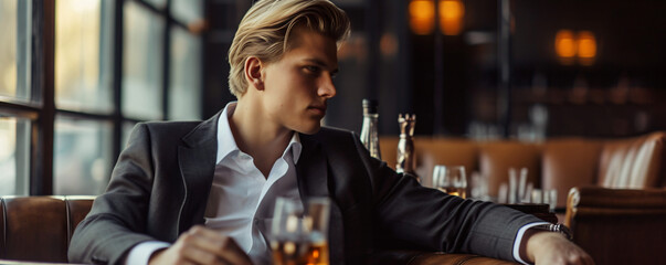 well dressed man in luxury business suit sitting at a table at bar