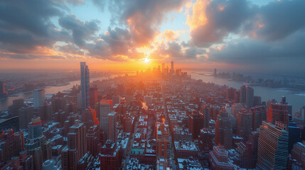 Sunset over Snow-Dusted Cityscape - obrazy, fototapety, plakaty