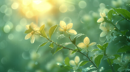 Sunlit Blossoms with Dewdrops
