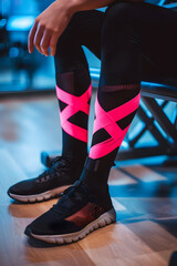 Shin Support with Pink Therapeutic Kinesiology Tapes on Athlete Legs