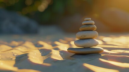 Serenity by the Shore: Witness Zen Stones Balance on Beach, a Symbol of Serene Meditation Concept, Harmony in Nature, Sunset Pebble Stack, and Sandy Beach Calm.