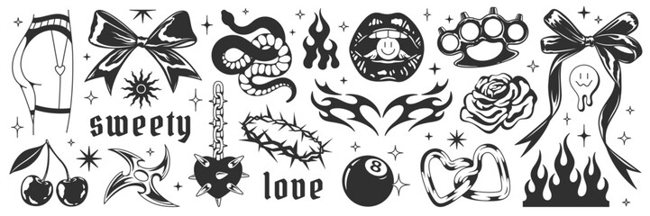 Y2k aesthetic set. Tattoo art signs of 2000s style. Y2k symbols, goth chain, heart, rose, flame, bow, snake, brass knuckles, mouth, star, cherry, blackthorn, smile. Vector tattoo line modern stickers