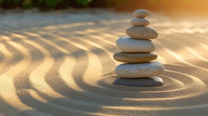 Serenity by the Shore: Witness Zen Stones Balance on Beach, a Symbol of Serene Meditation Concept, Harmony in Nature, Sunset Pebble Stack, and Sandy Beach Calm.