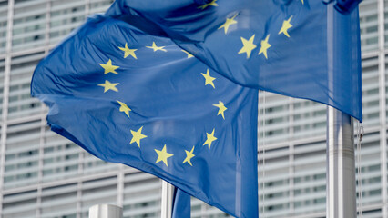 BRUSSEL, BELGIUM - MARCH 10, 2024. two electric blue European Union flags with golden stars are...