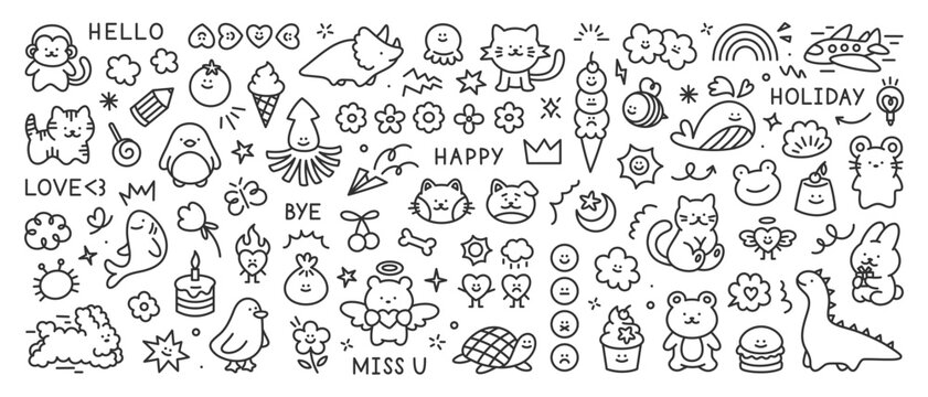 Scribble kid doodle icons set. Cute hand drawn set of cat, sun, flower, smile, heart, animal, cloud, star, rainbow, candy, dog. Vector trendy sketch childish elements for stickers, patterns, banners.