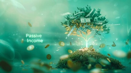 green tree with currency symbols as leaves, with text  Passive Income . representing online income streams. 