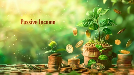 green tree with currency symbols as leaves, with text  Passive Income . representing online income streams.  - obrazy, fototapety, plakaty