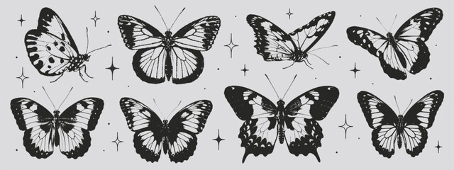 Set of black butterflies in the style of grunge stamp and organic shapes. Tattoo silhouette, hand drawn stickers, Y2k aesthetic. Vector graphic in trendy retro 90s style. Grain texture butterfly. - obrazy, fototapety, plakaty