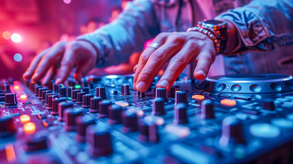 Close up of dj hands playing music on mixer console at nightclub