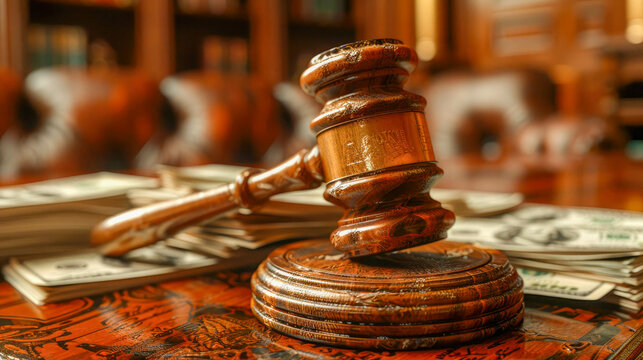 Law theme, mallet of judge, wooden gavel and money