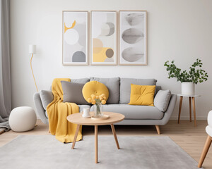 Bright living room interior with gray sofa yellow pillows and vase of flowers on coffee table