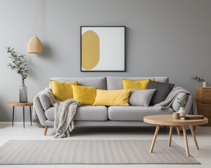 A stylish living room interior with a gray sofa yellow pillows and a wooden coffee table