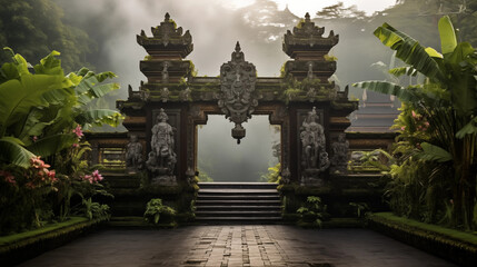 Ancient temple ruins overgrown by jungle plants and moss Mysterious and atmospheric place with a strong sense of history