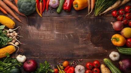 Frame of organic food. Fresh raw vegetables with black beans on brown wooden table.  - obrazy, fototapety, plakaty