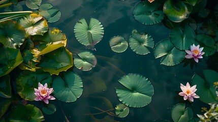 Scenic garden pond with water lilies and floating pads, aerial view © Anisa