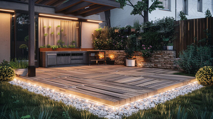 A backyard landscape featuring a cozy patio area with interlocking wooden deck tiles and a border...