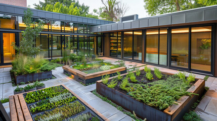 A biophilic courtyard design emphasizing sustainability, with rainwater-fed planters and a green...
