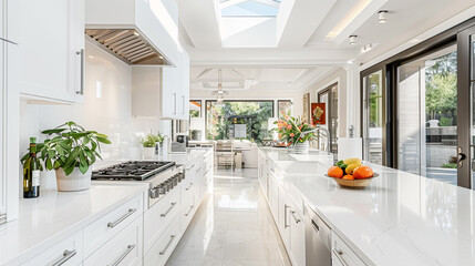 A bright, airy kitchen design that exudes contemporary elegance, featuring white quartz countertops, minimalist cabinetry, and an expansive skylight flooding the room with natural light. - Powered by Adobe