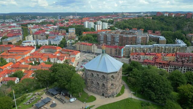 Skansen Kronan, Gothenburg, Sweden. Stone Fortification building Skansen Krona exterior Wall and Golden Crown near Haga residential area, Gothenburg sweden. Areal shot of the golden crown on top