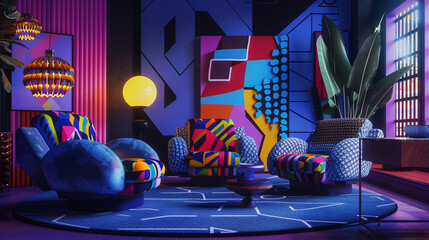 A chic and deep-hued living room space with a nod to Memphis design, showcasing angular armchairs, vibrant pop-art, and unconventional lighting fixtures. 32k, full ultra hd, high resolution - Powered by Adobe