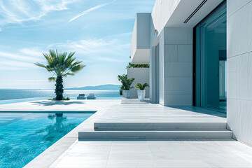 A chic, monochrome-themed modern patio that leads to a crisp swimming pool, with the homea??s sleek design and the pool's azure blue water rendered in striking contrast. 