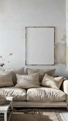 A chic rustic living space with a warm beige sofa set, complemented by textured cushions, against a pristine white wall adorned with an empty frame waiting to be filled with words or art. 