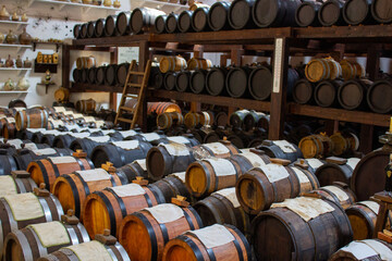 Rows of oak barrels dedicated to the aging of olive oil, arrayed in a well-maintained storage room,...