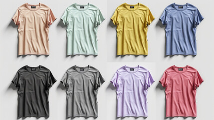A collection of plain t-shirt mockups, ranging from vibrant to pastel shades, each rendered in front and back views with a crisp white background,