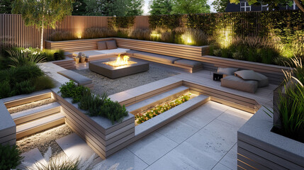 A contemporary backyard landscape with a patio area defined by sharp, clean lines and a neutral...