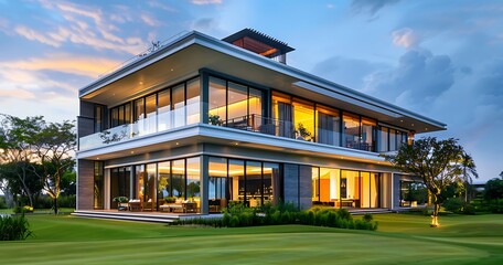 Modern luxury two-story house villa with pool and spacious balcony, glass windows, terrace overlooking the golf course at beautiful sunset. Modern architectural design home in the evening